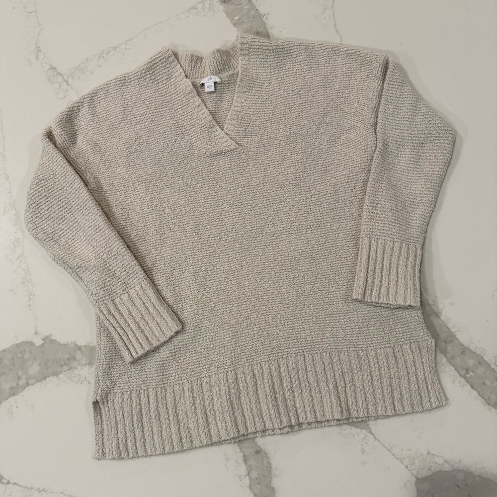 J. Jill Textured V-Neck Cotton Blend Cozy Sweater Womens Small Oatmeal Split Hem